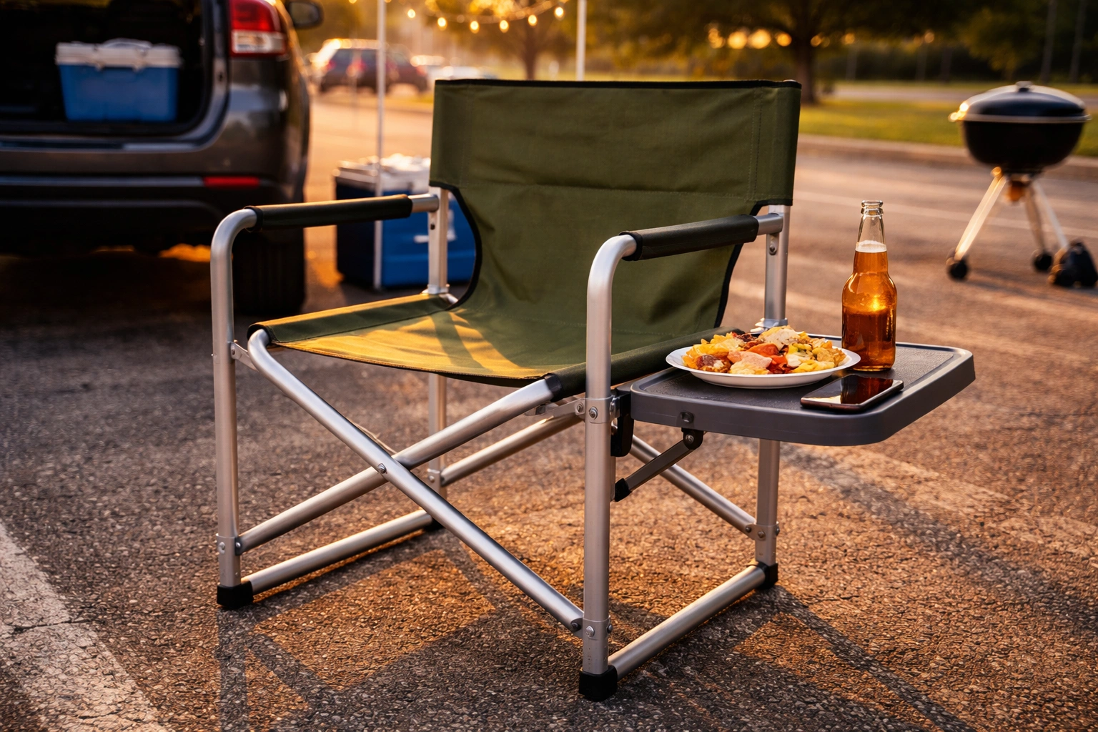 Director chair with side table holding food drinks and phone under fairy lights at tailgate party
