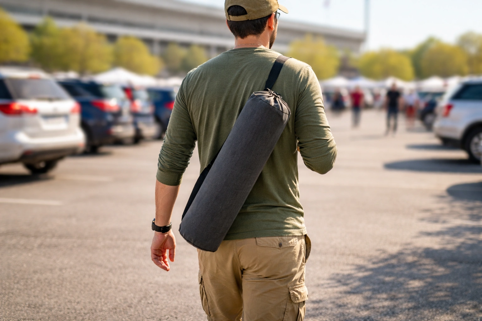 Person carrying folded chair in bag walking across stadium parking lot with blurred crowd background