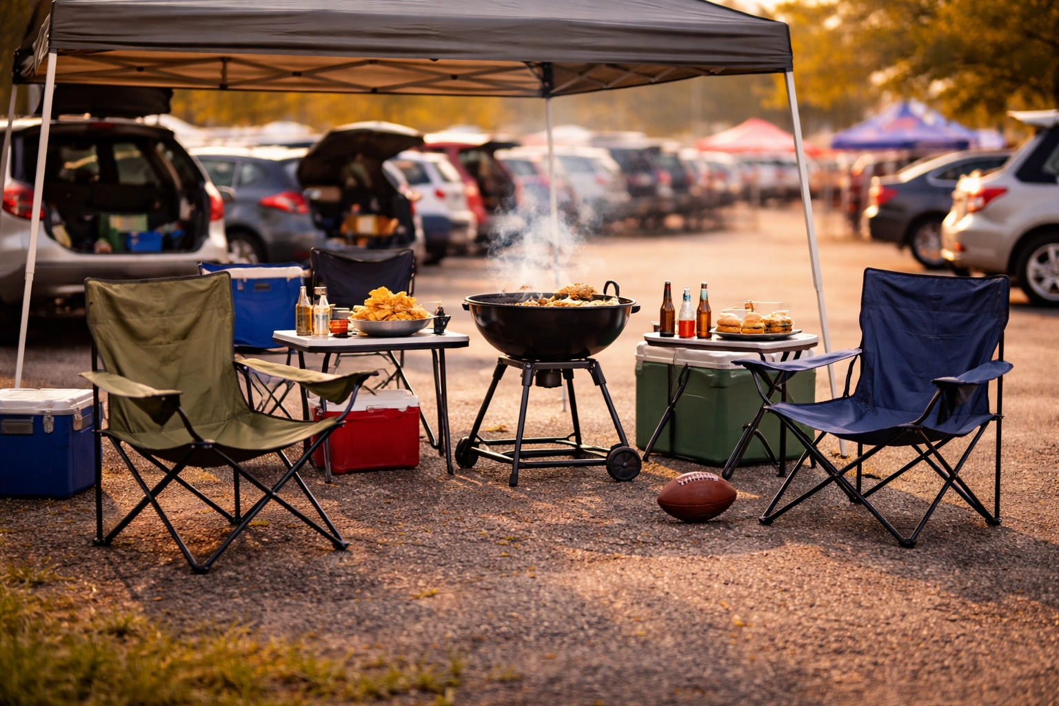 Tailgating party in parking lot with canopy chairs portable table grill and drinks at golden hour