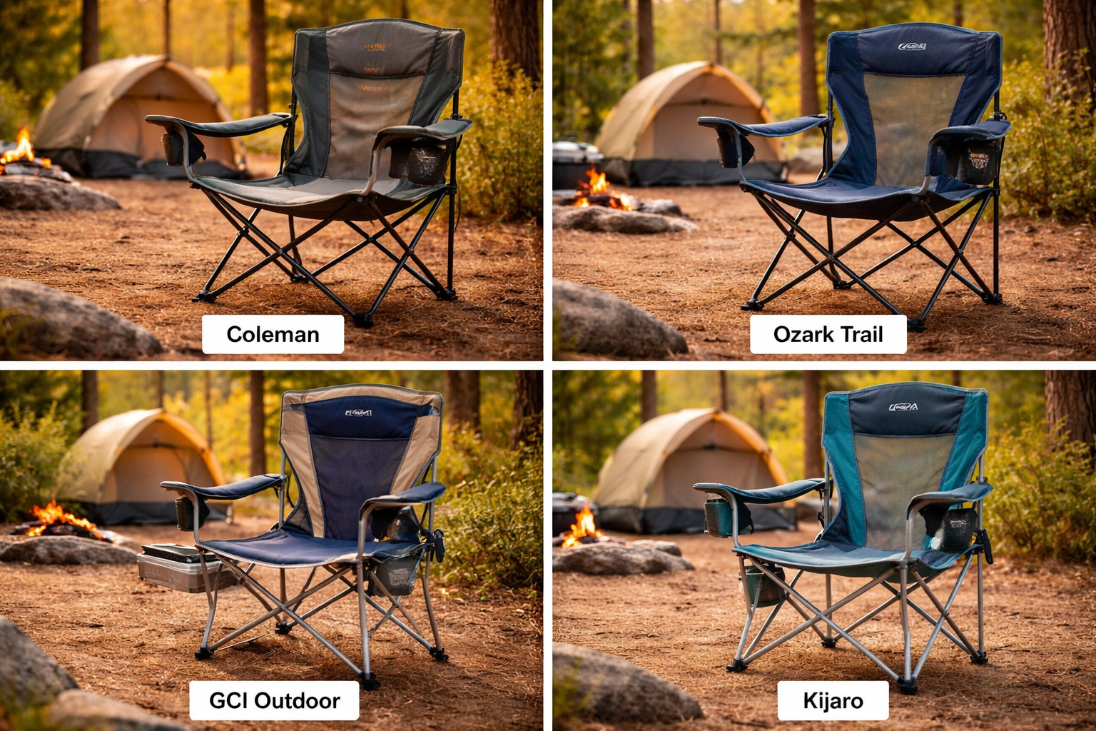 Popular standard camping chair brands: Coleman, Ozark Trail, GCI Outdoor, Kijaro