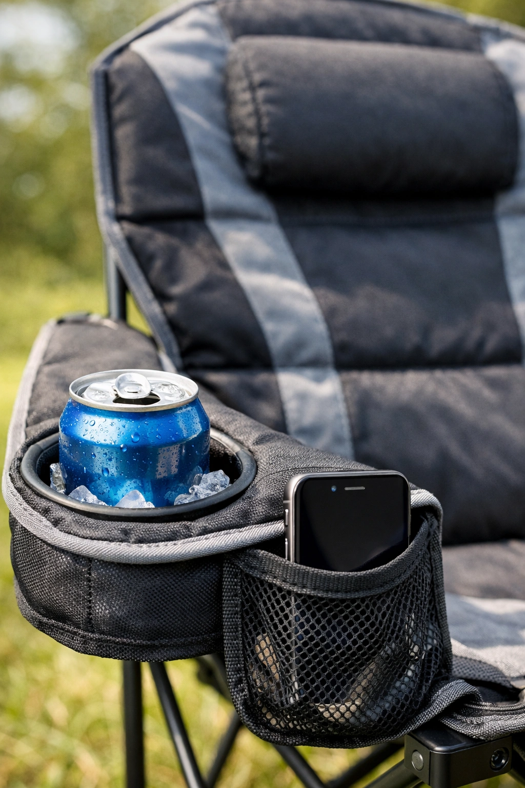 Standard camping chair features: cup holders, side pockets, high back support