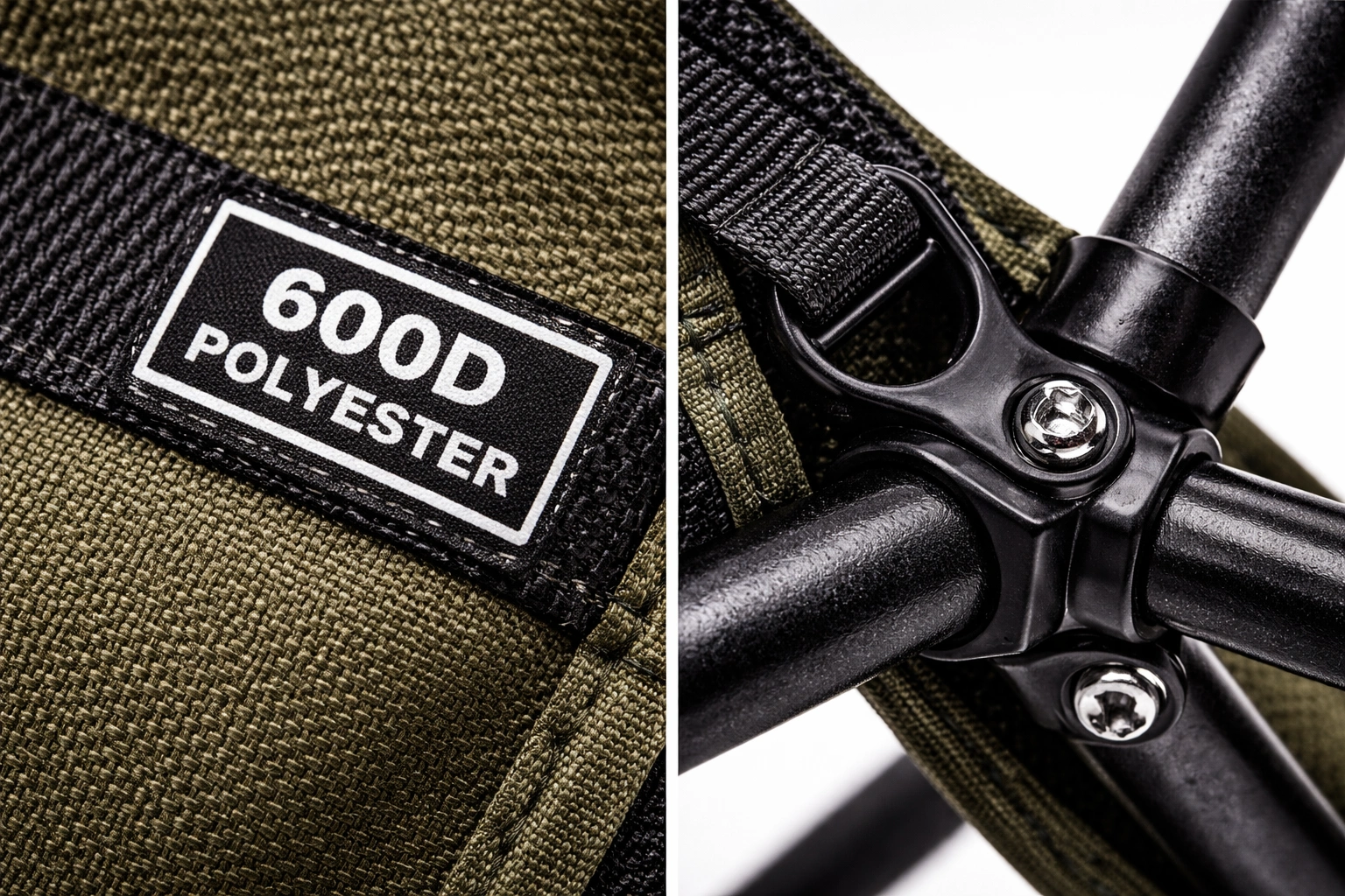 Close up of camping chair materials: polyester fabric and steel frame