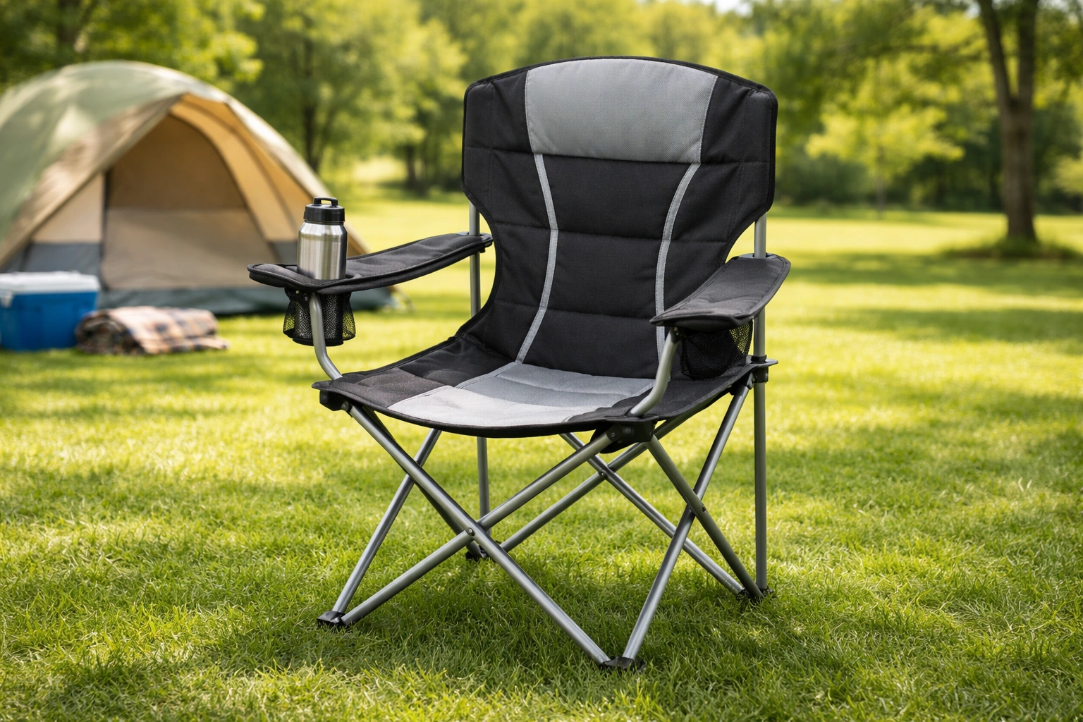 Standard camping chair with cup holder and padded armrests in outdoor setting
