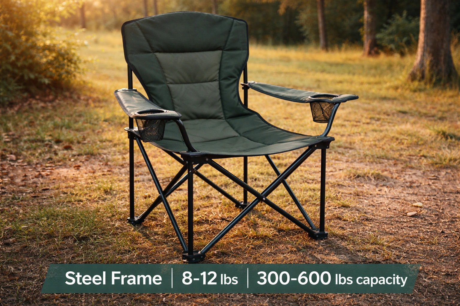Heavy-duty steel camping chair with powder-coated finish showing robust construction