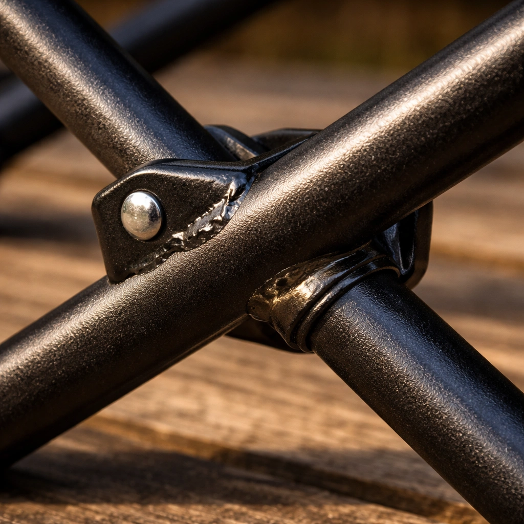 Close-up of black powder-coated steel tubing with welded joints for a folding camping chair frame
