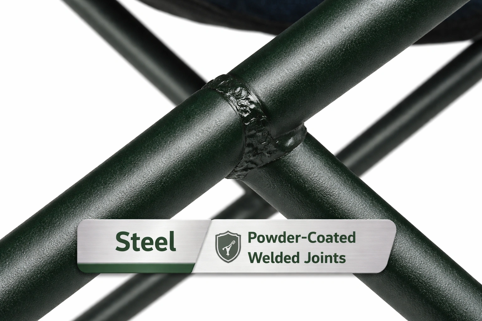 Close-up of steel camping chair frame showing powder-coated finish and welded joints