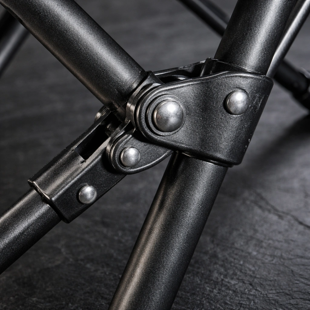 Macro close-up of powder-coated steel frame joint and cross-brace mechanism on camping chair