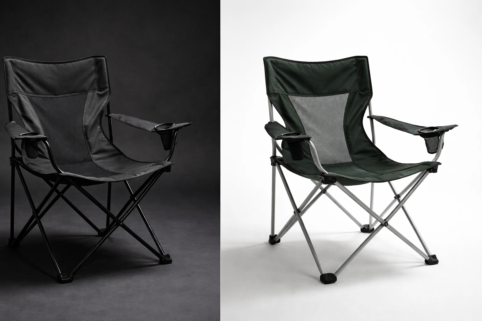 Split comparison photo showing a steel-frame polyester chair on dark background left and aluminum-frame nylon chair on light background right