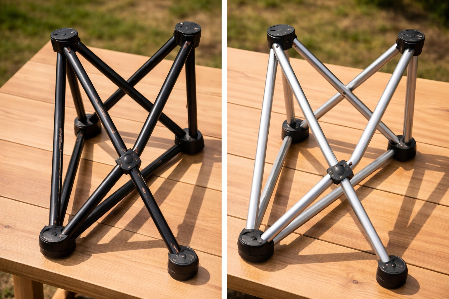 Steel vs Aluminum camping chair frame comparison showing rust spots on steel and clean aluminum