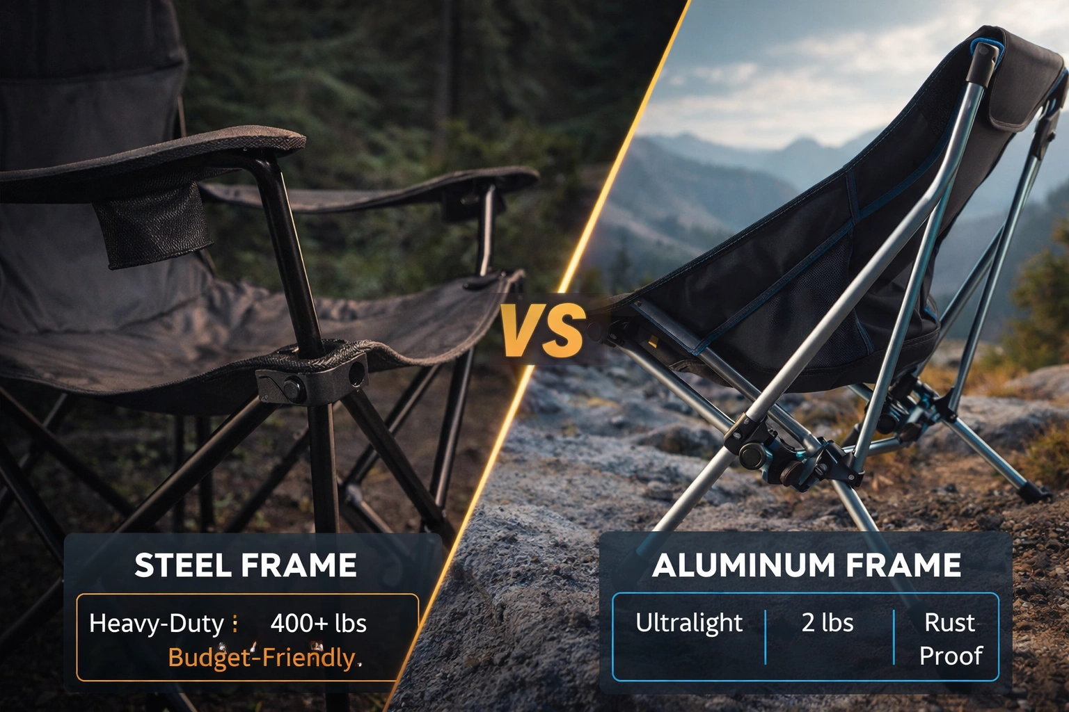 Side by side comparison of steel and aluminum camping chair frames showing weight and construction differences