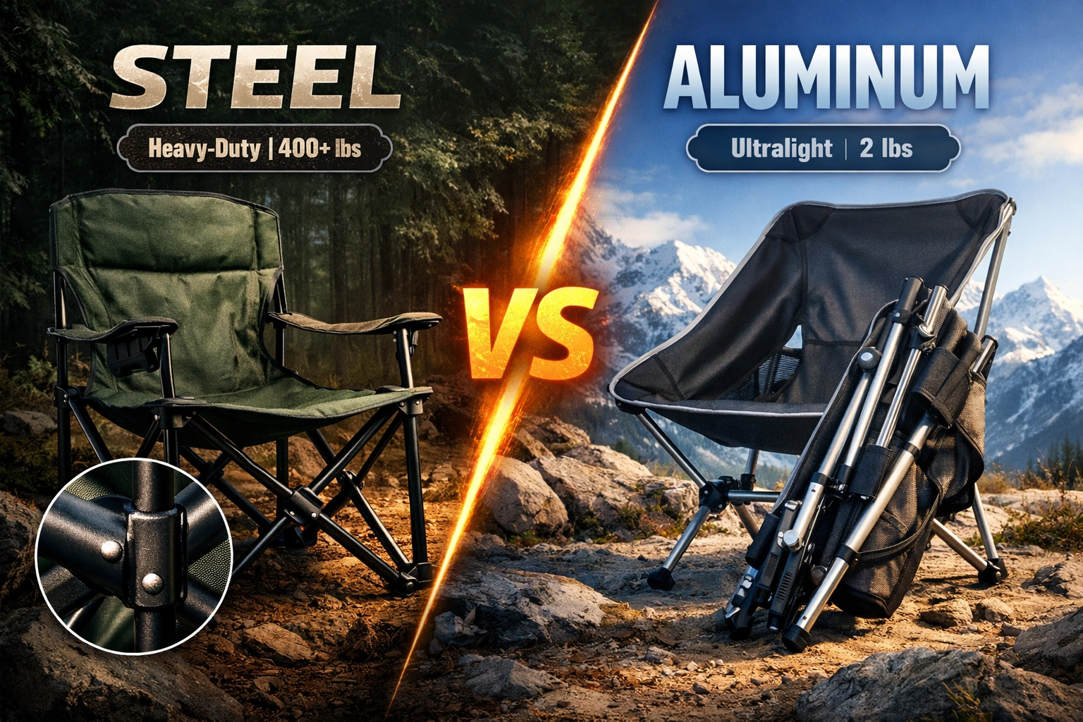 Comparison of steel and aluminum camping chair frames side by side showing weight and durability differences