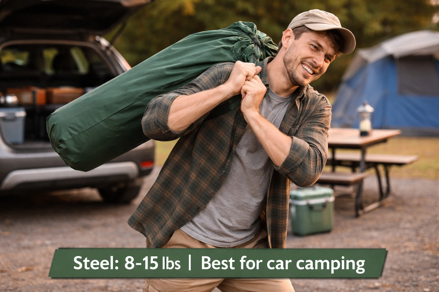 Person carrying heavy steel camping chair showing weight difference