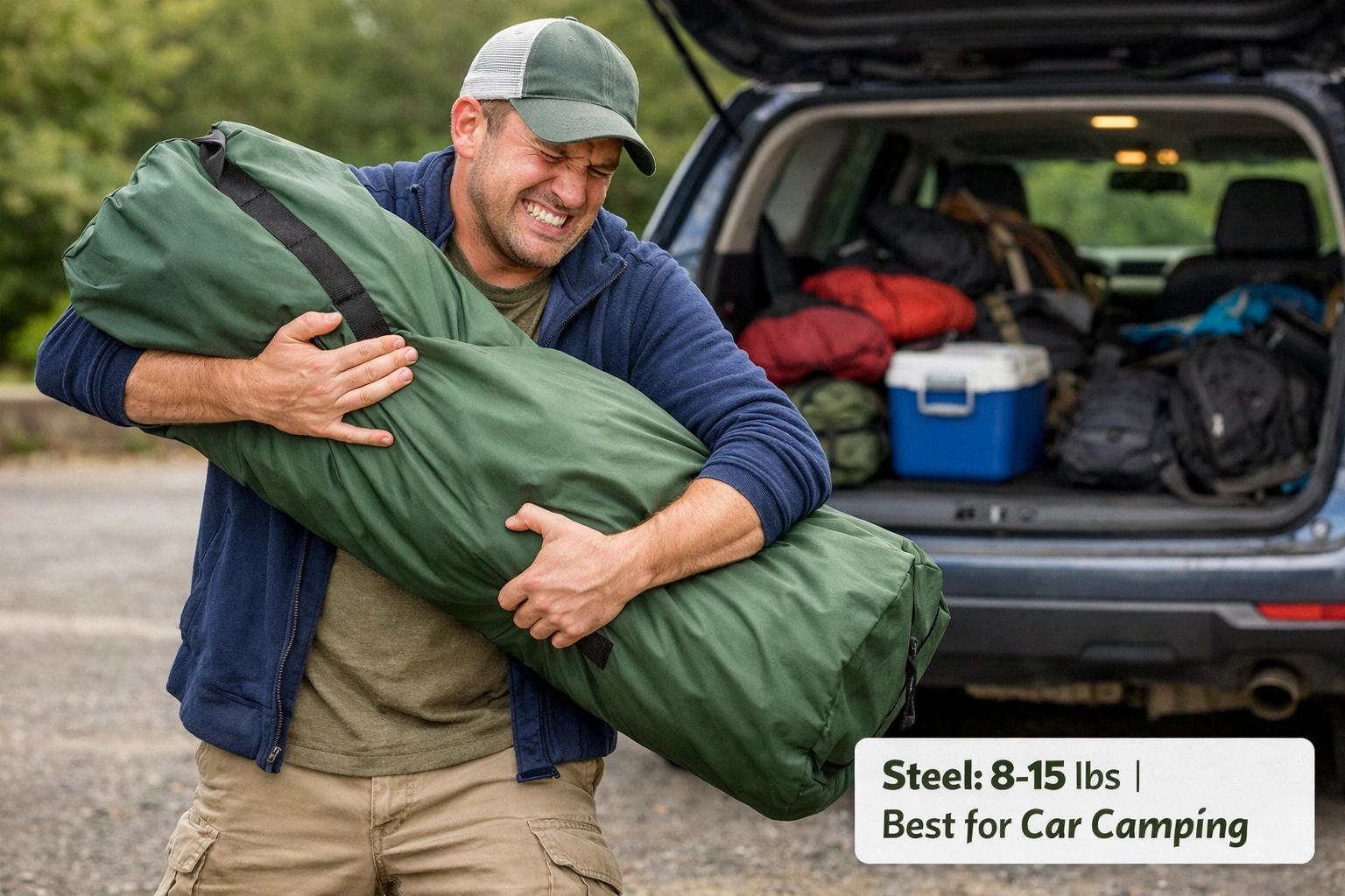 Person carrying heavy steel camping chair showing weight and bulkiness