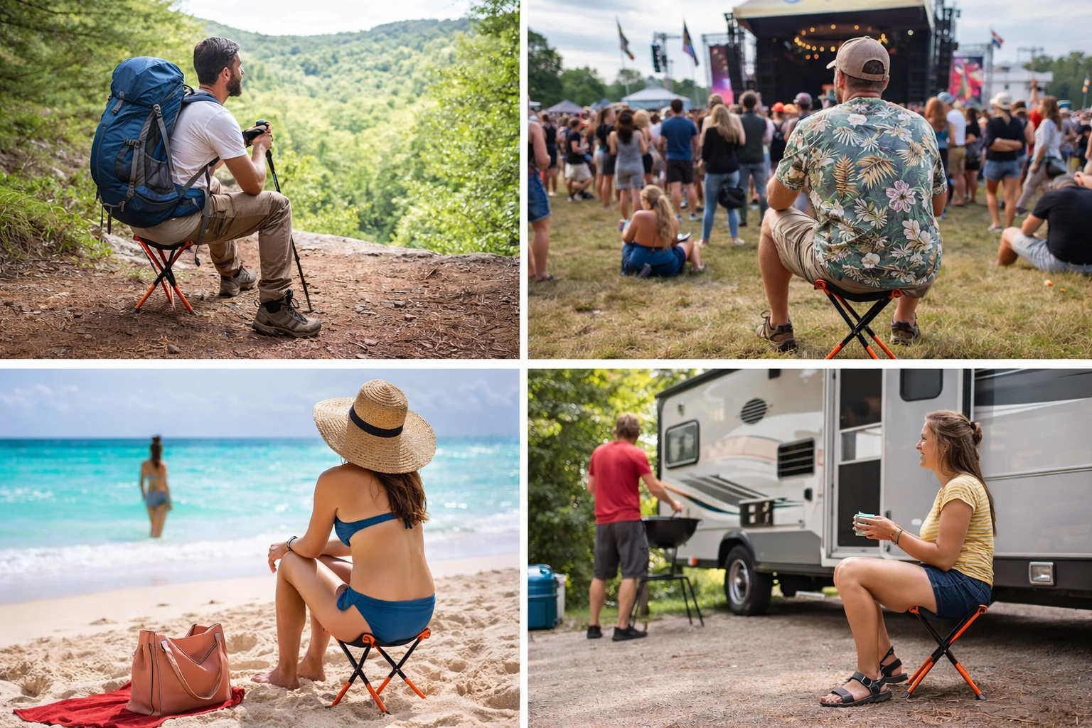 Camping stool used in various outdoor scenarios