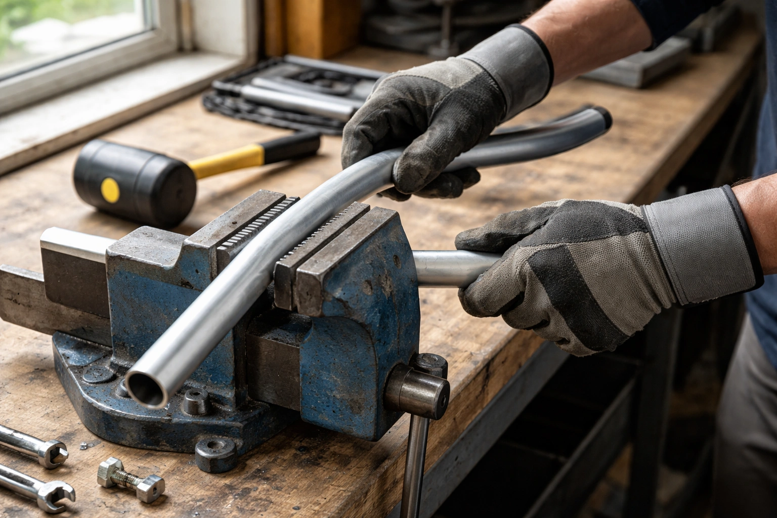 Hands wearing work gloves adjusting a bent aluminum tube in a bench vise with a rubber mallet nearby