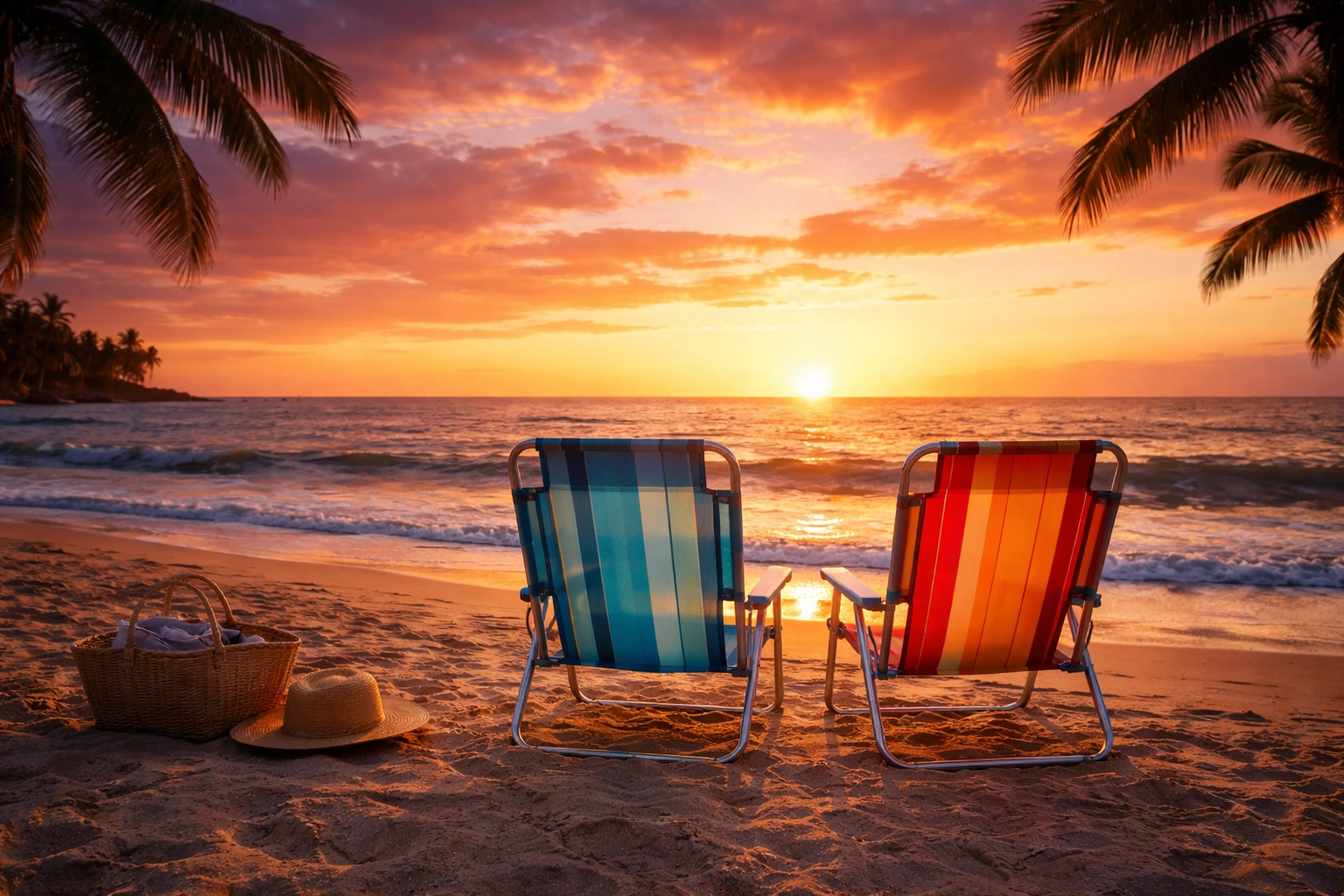 Couple relaxing on beach chairs at sunset with ocean waves