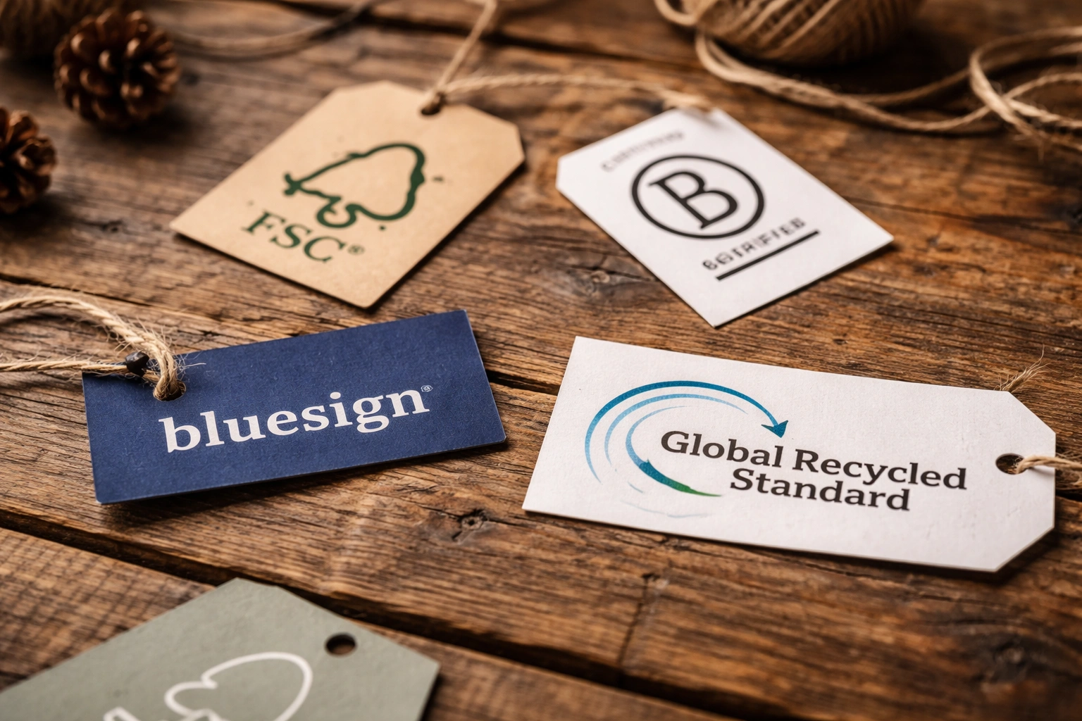 Overhead photograph of eco-certification tags including Bluesign Global Recycled Standard FSC and B Corp on reclaimed wood