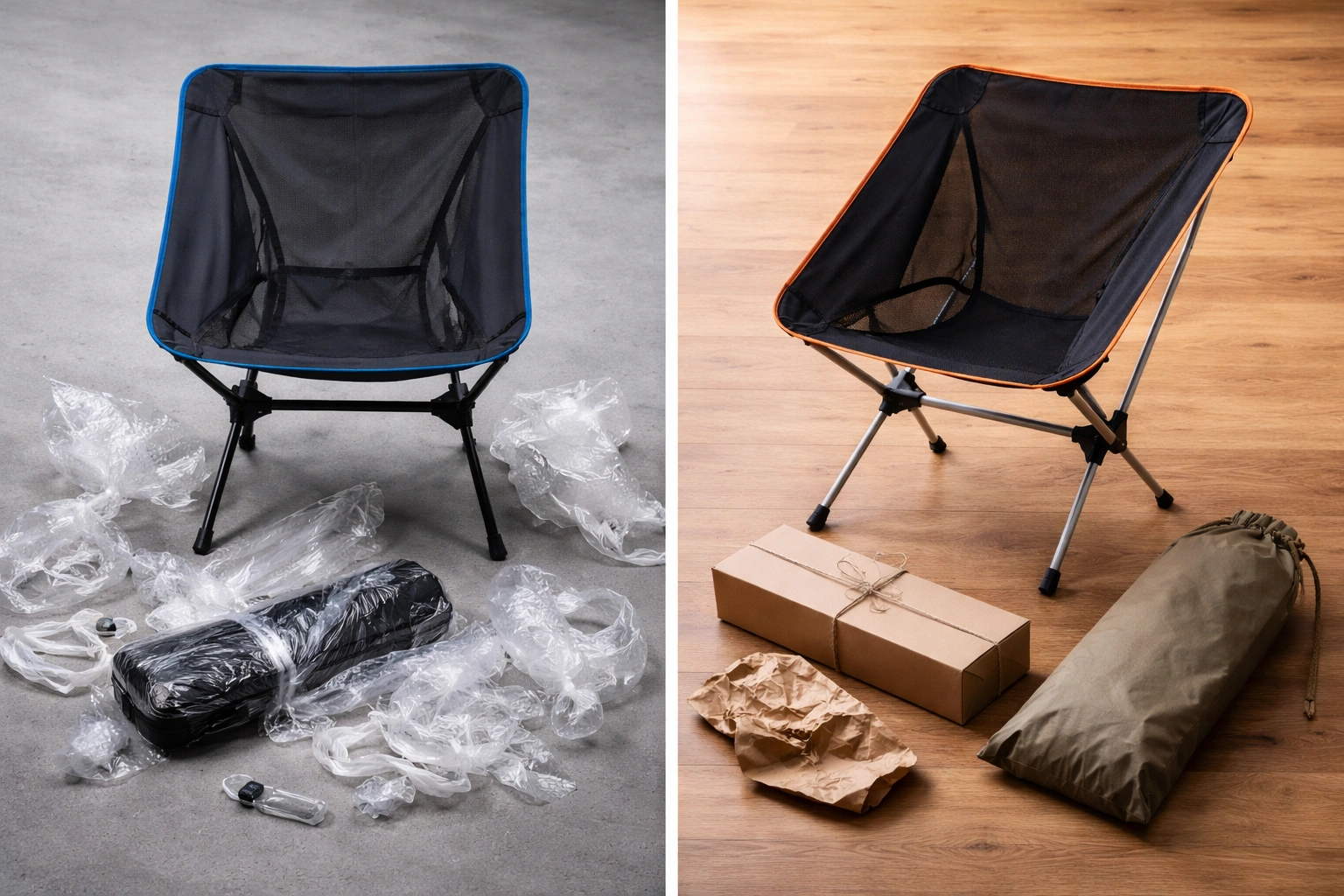 Split comparison showing conventional camping chair with plastic packaging waste beside eco-friendly chair with minimal recycled cardboard packaging