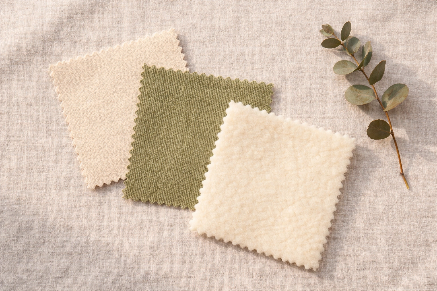 Flat-lay of organic cotton canvas hemp blend and wool padding fabric swatches with dried eucalyptus on linen