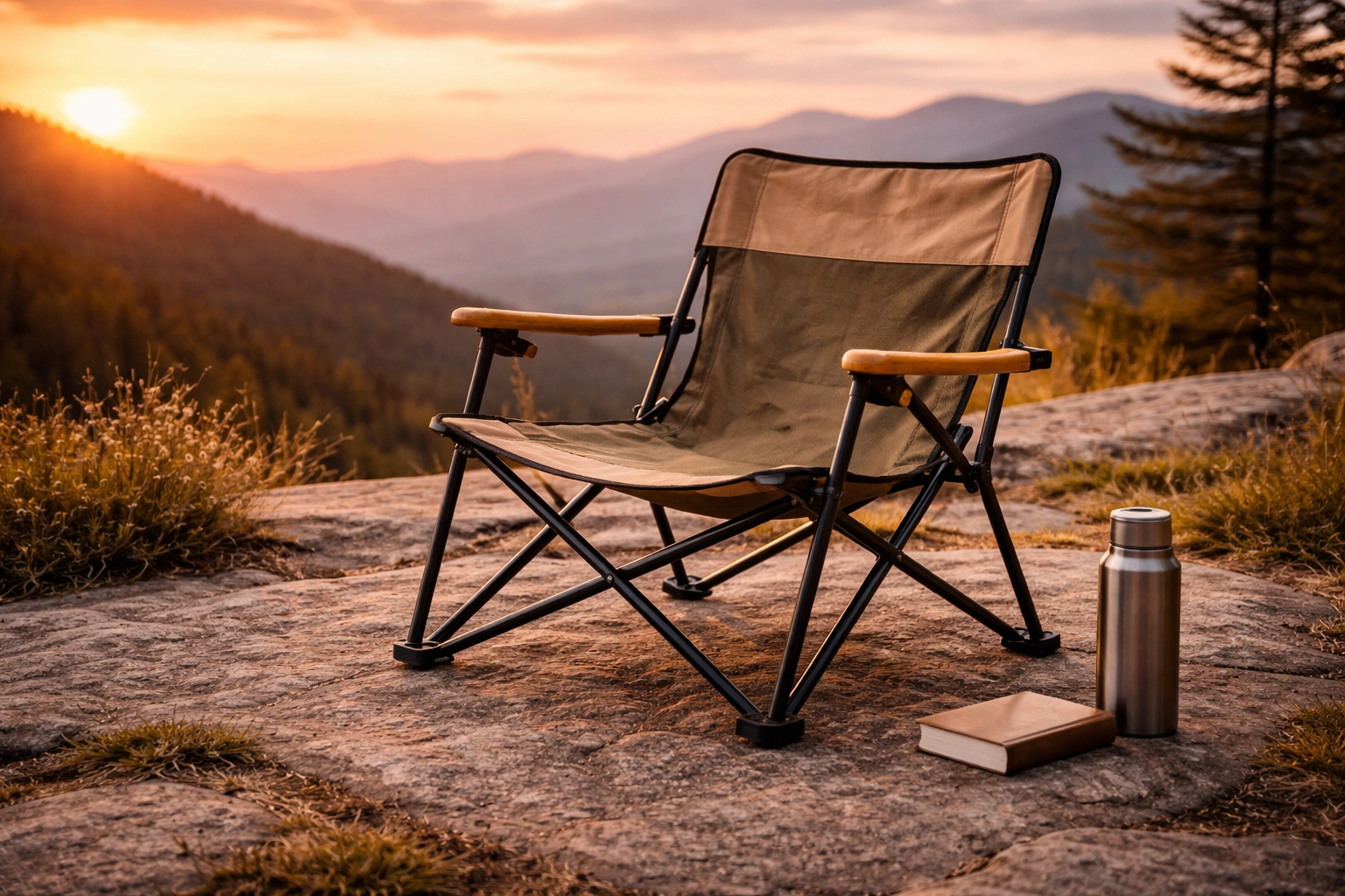Eco-friendly camping chair with natural fabric set up on rocky mountain overlook at golden sunset with thermos and book beside it