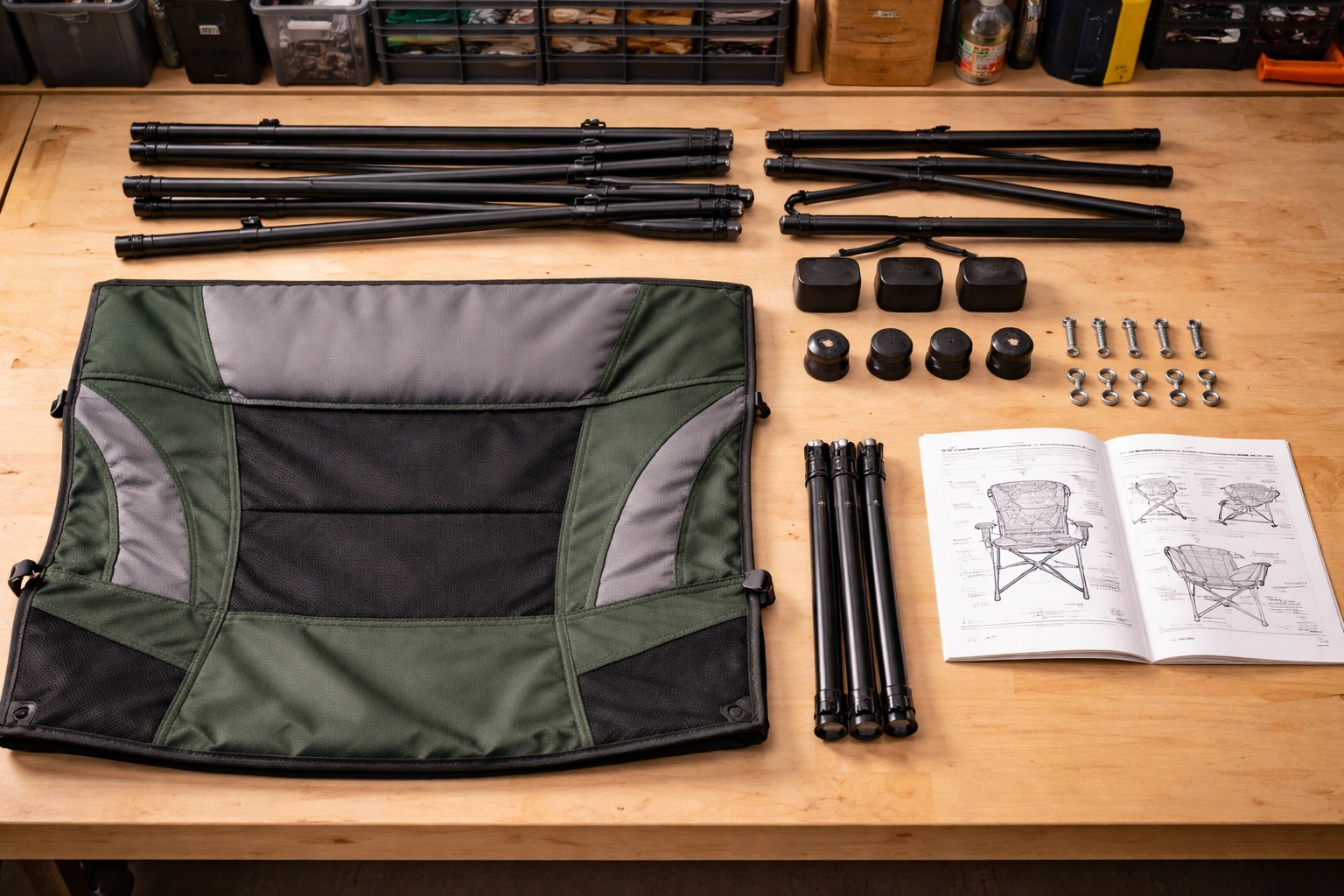 Partially disassembled camping chair on workbench showing separated frame tubes fabric panel hinge bolts and feet caps