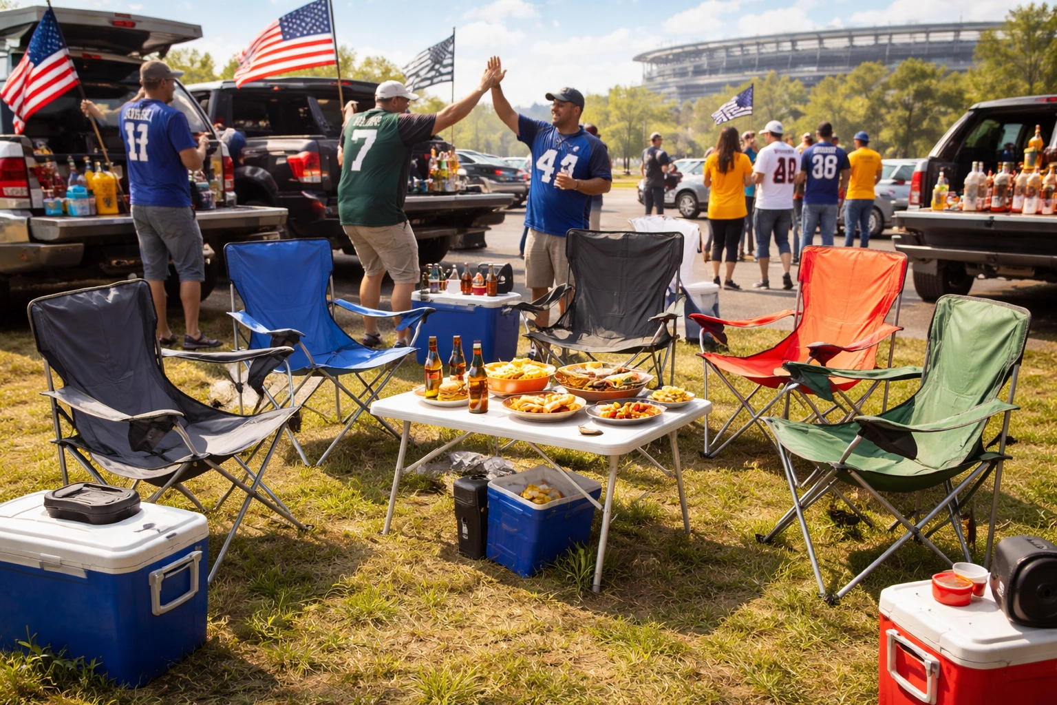 Tailgating party setup with folding chairs and portable table