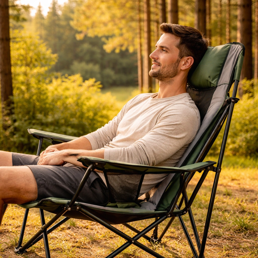 Tall camping chair with high backrest for head support
