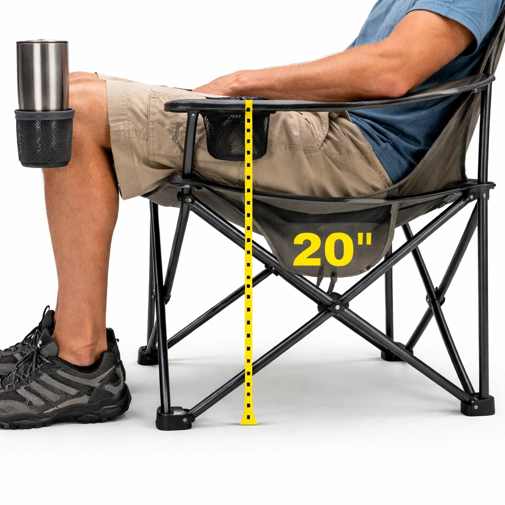 Tall camping chair with high seat height measurement