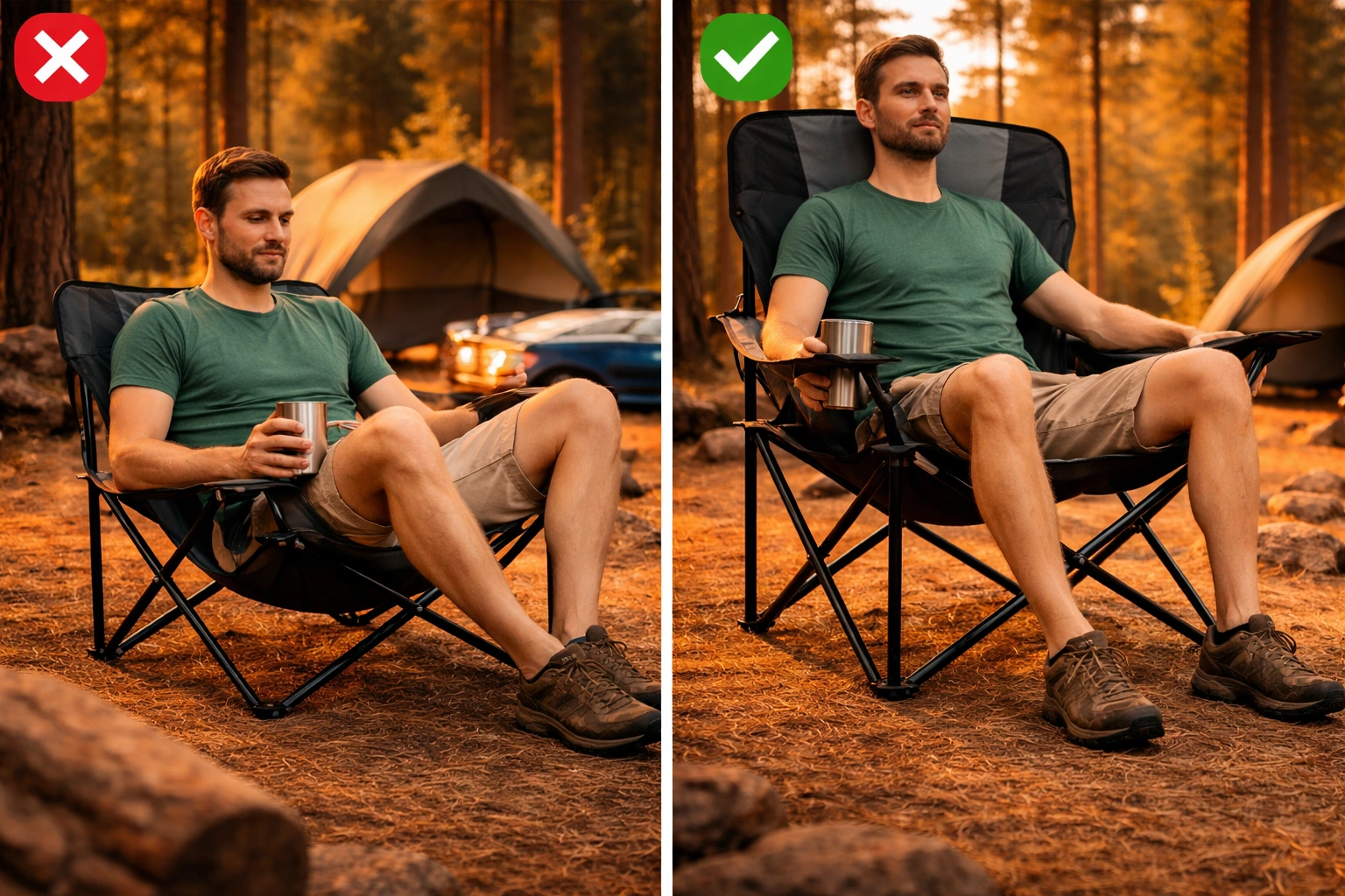 Comparison of tall person vs standard camping chair fit