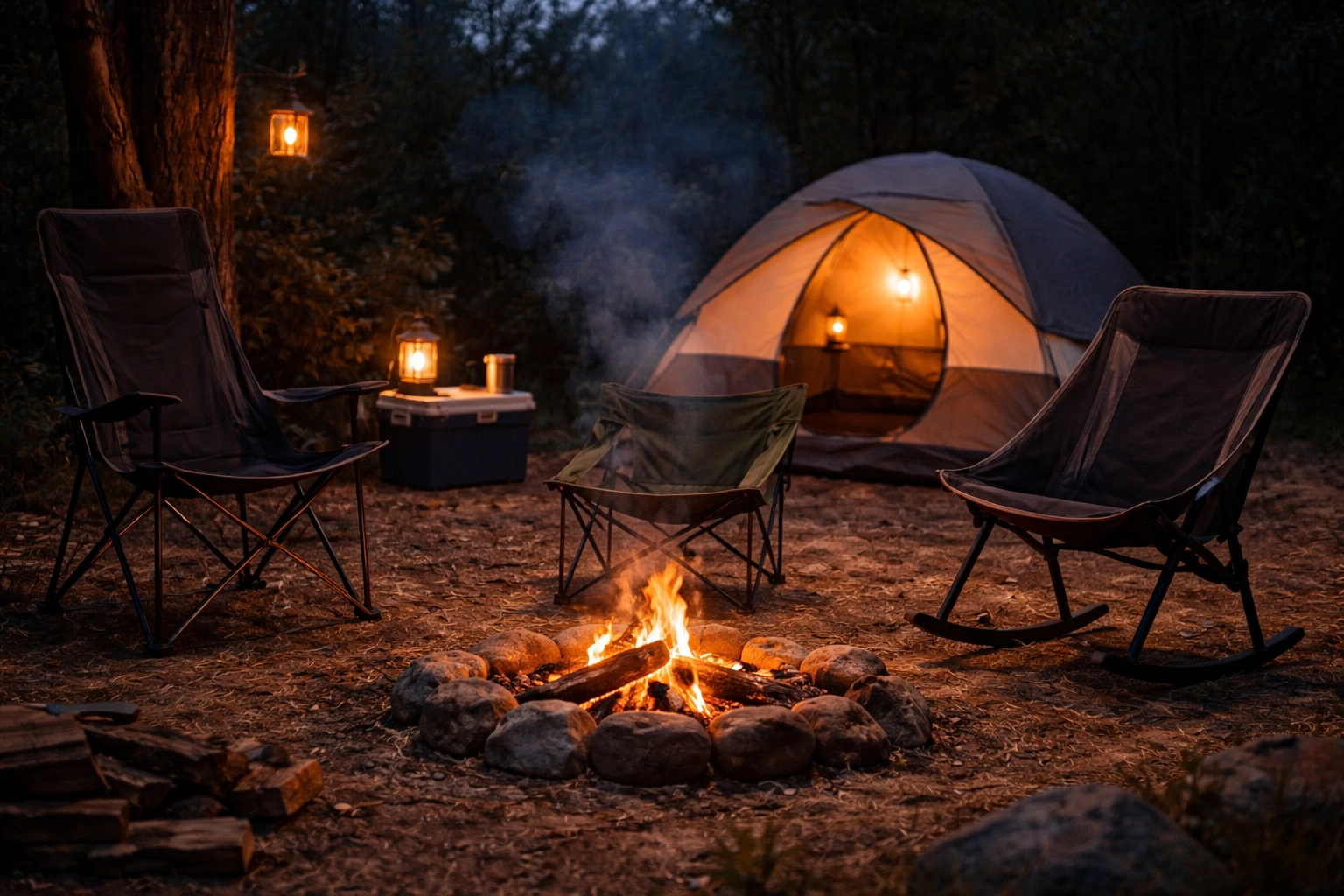 Three different camping chairs arranged around a campfire near a dome tent at dusk blue hour