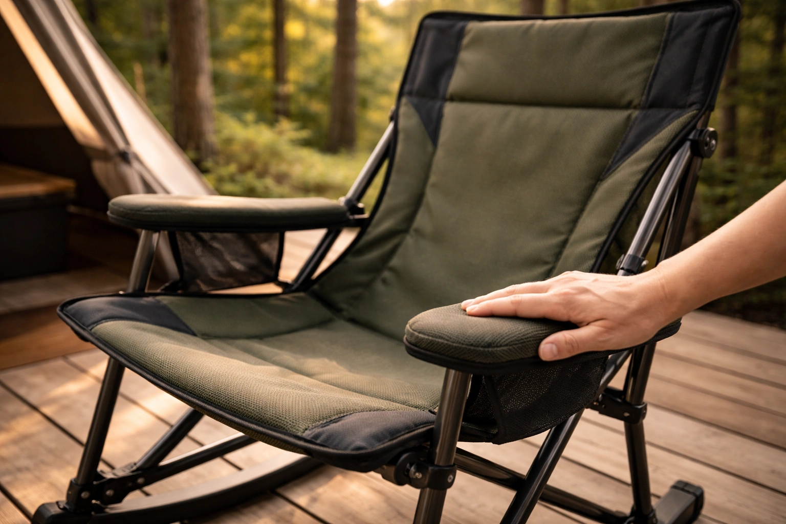 High-back camping chair with padded armrests showing seat comfort detail