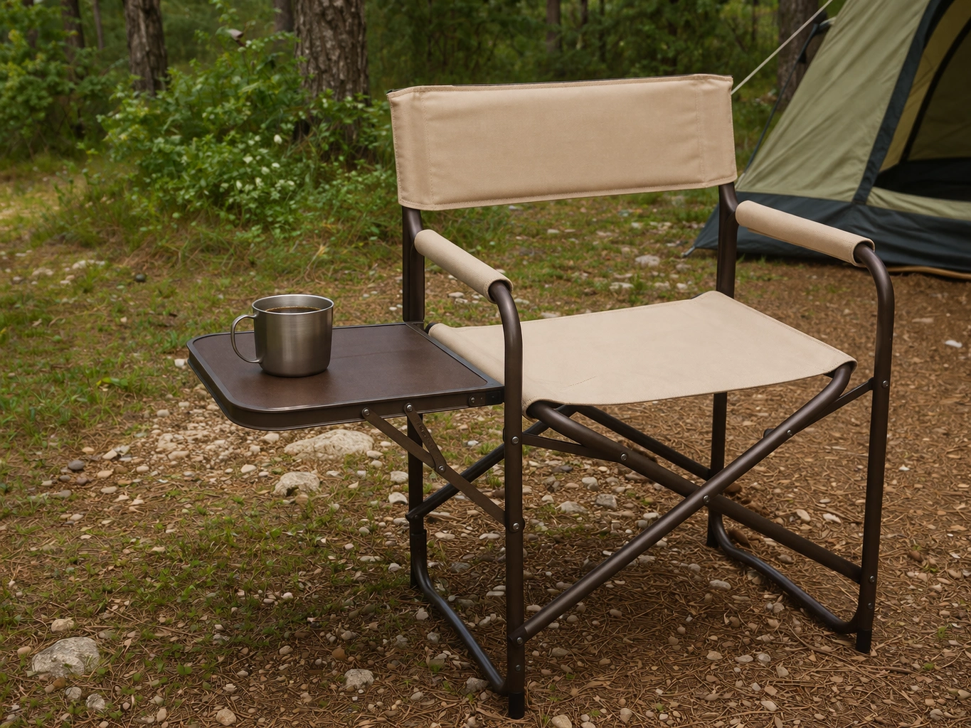 Director camping chair with attached side table holding a cup of coffee at campsite