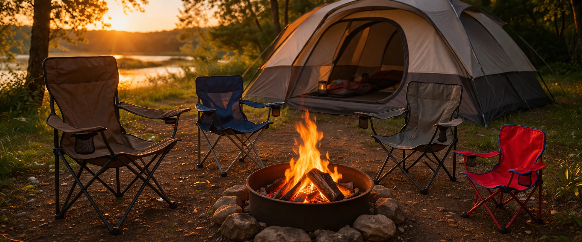 Four different camping chairs arranged around fire pit near family tent at warm golden sunset
