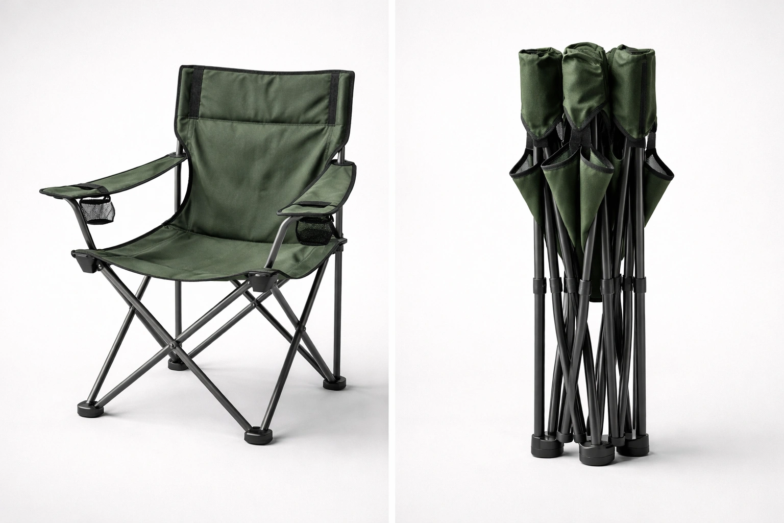 Standard quad camping chair shown folded and unfolded side by side for packed size comparison