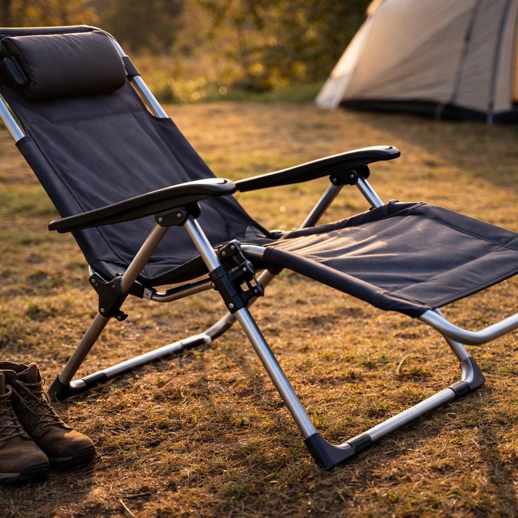 Reclining camping chair in partially reclined position with adjustable headrest at a grassy campsite