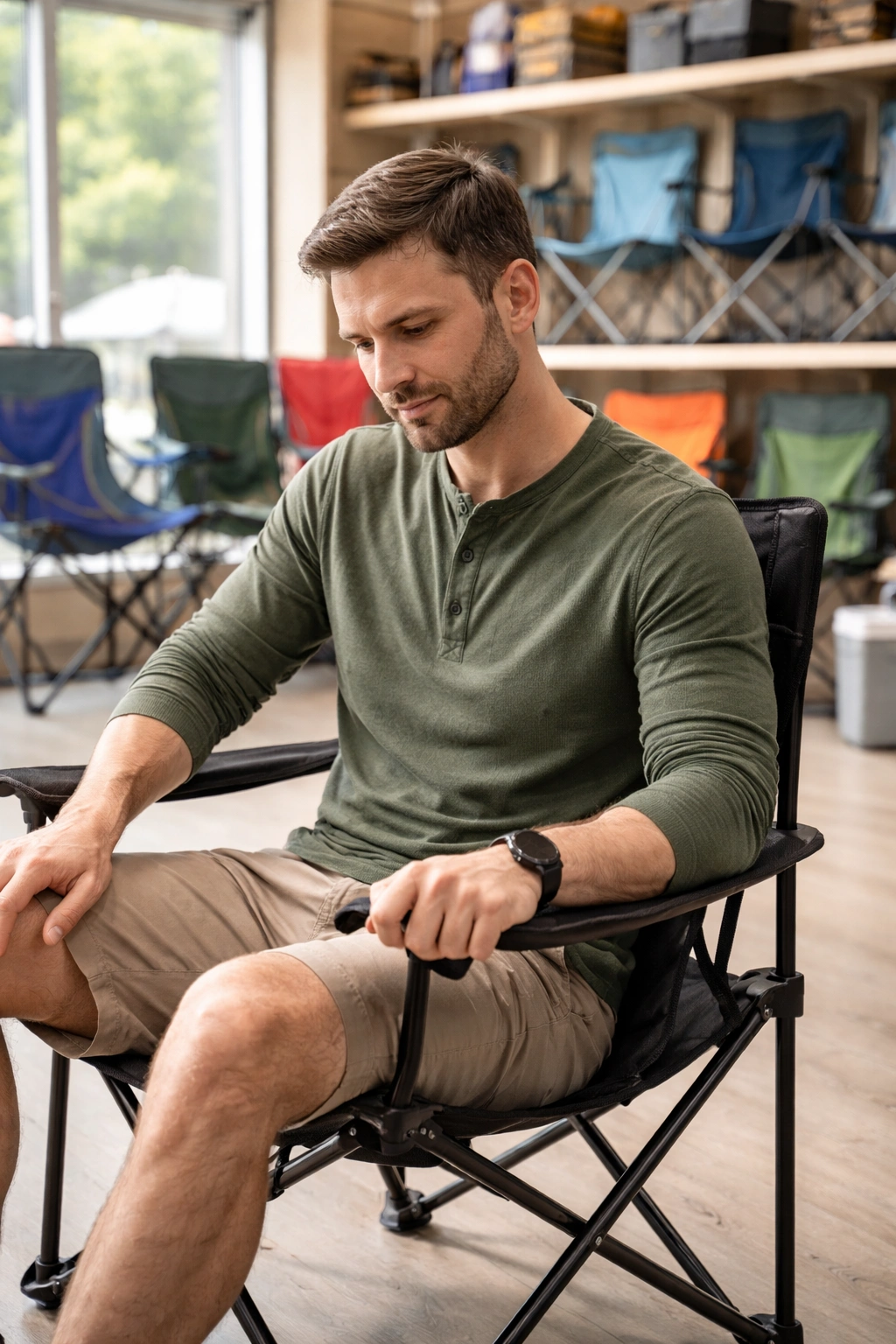 Person sitting in camping chair inside outdoor retail store testing comfort with rows of colorful chairs visible on display shelves behind