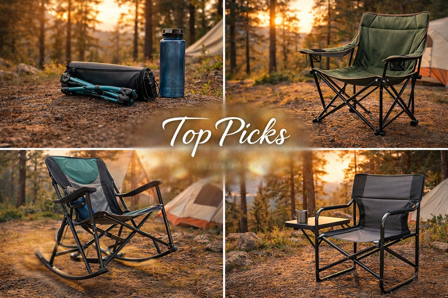 Collage of top rated camping chairs including ultralight, heavy-duty, and rocking chairs