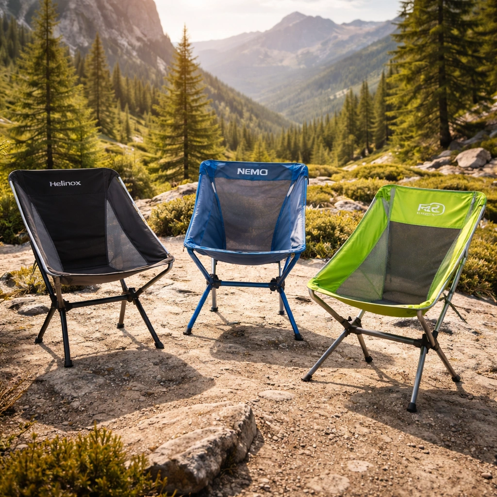 Collection of top ultralight backpacking chair brands including Helinox, Nemo, and REI