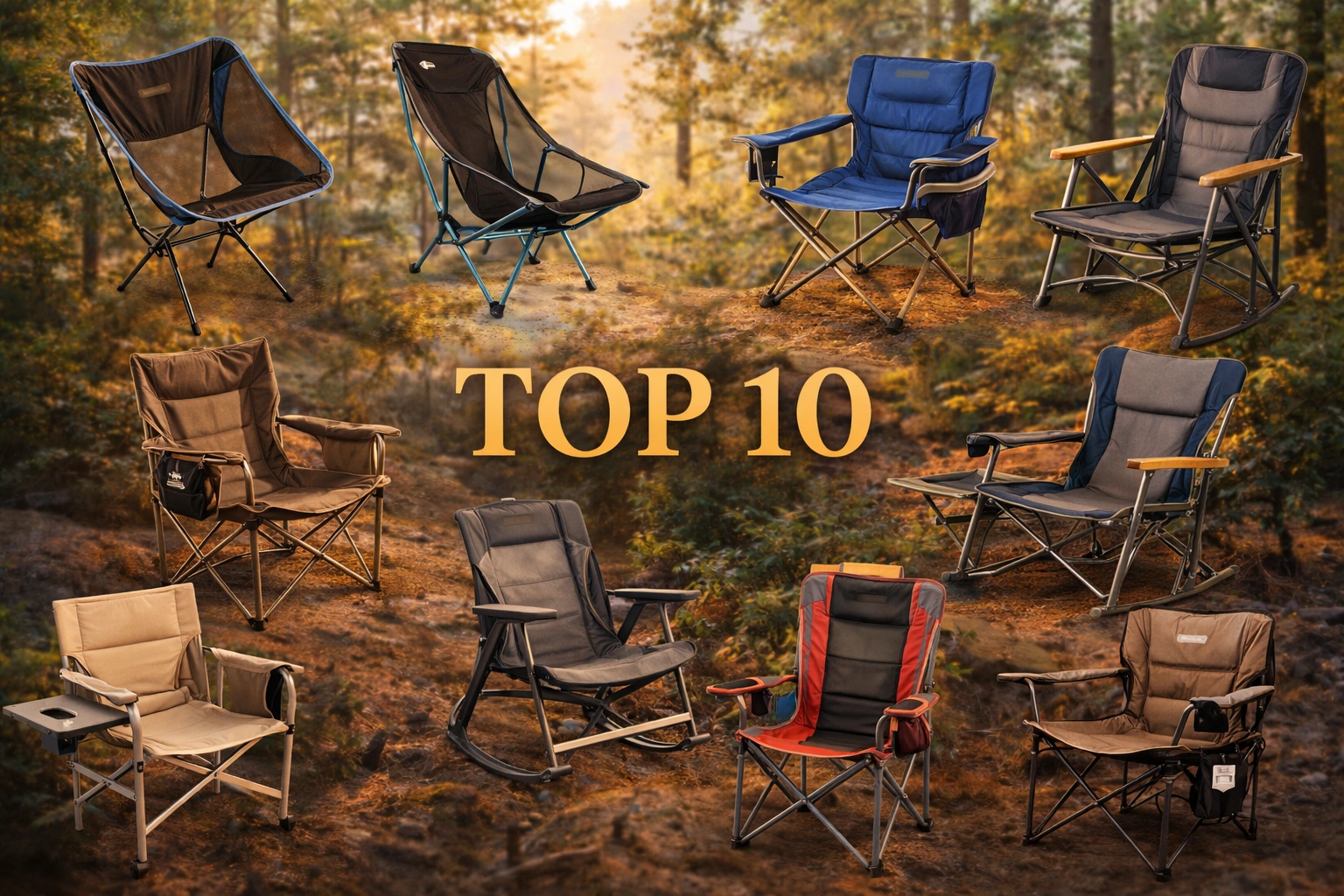 Collage of top 10 camping chairs including ultralight, heavy-duty, rocking, and budget chairs