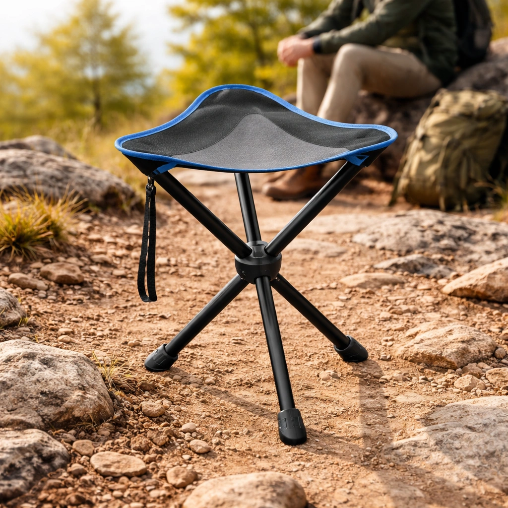Tripod camping stool on uneven ground