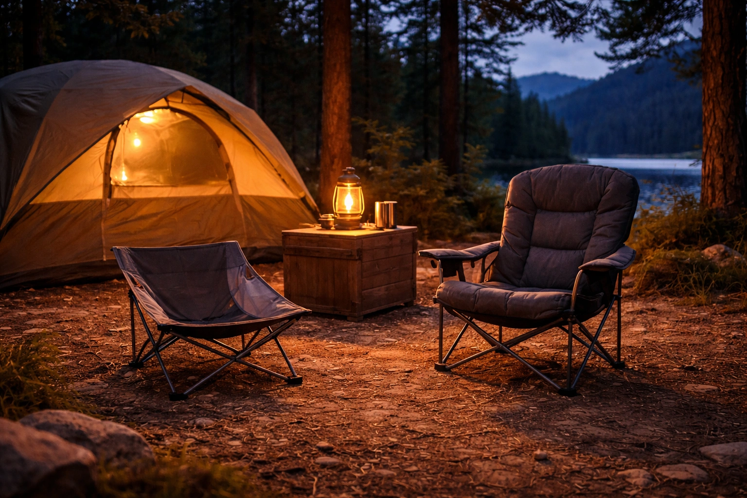 Low-back and high-back camping chairs arranged side by side at campsite near tent at twilight with warm lantern light