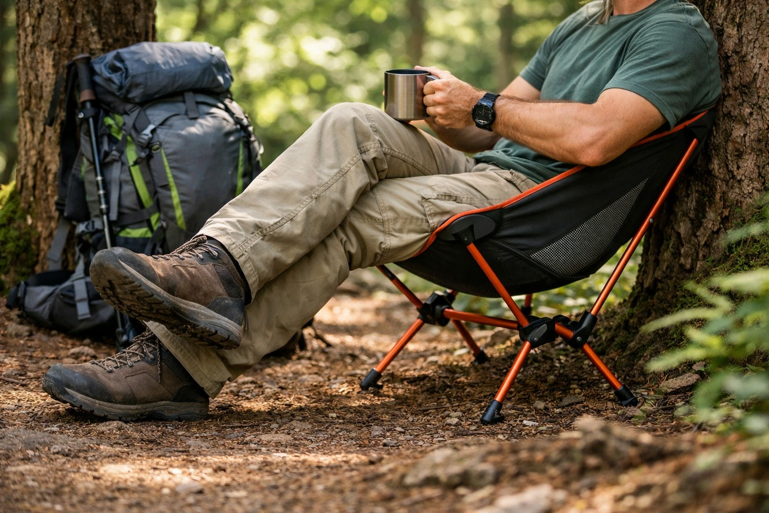 Ultralight backpacking chair set up on mountain trail with scenic view