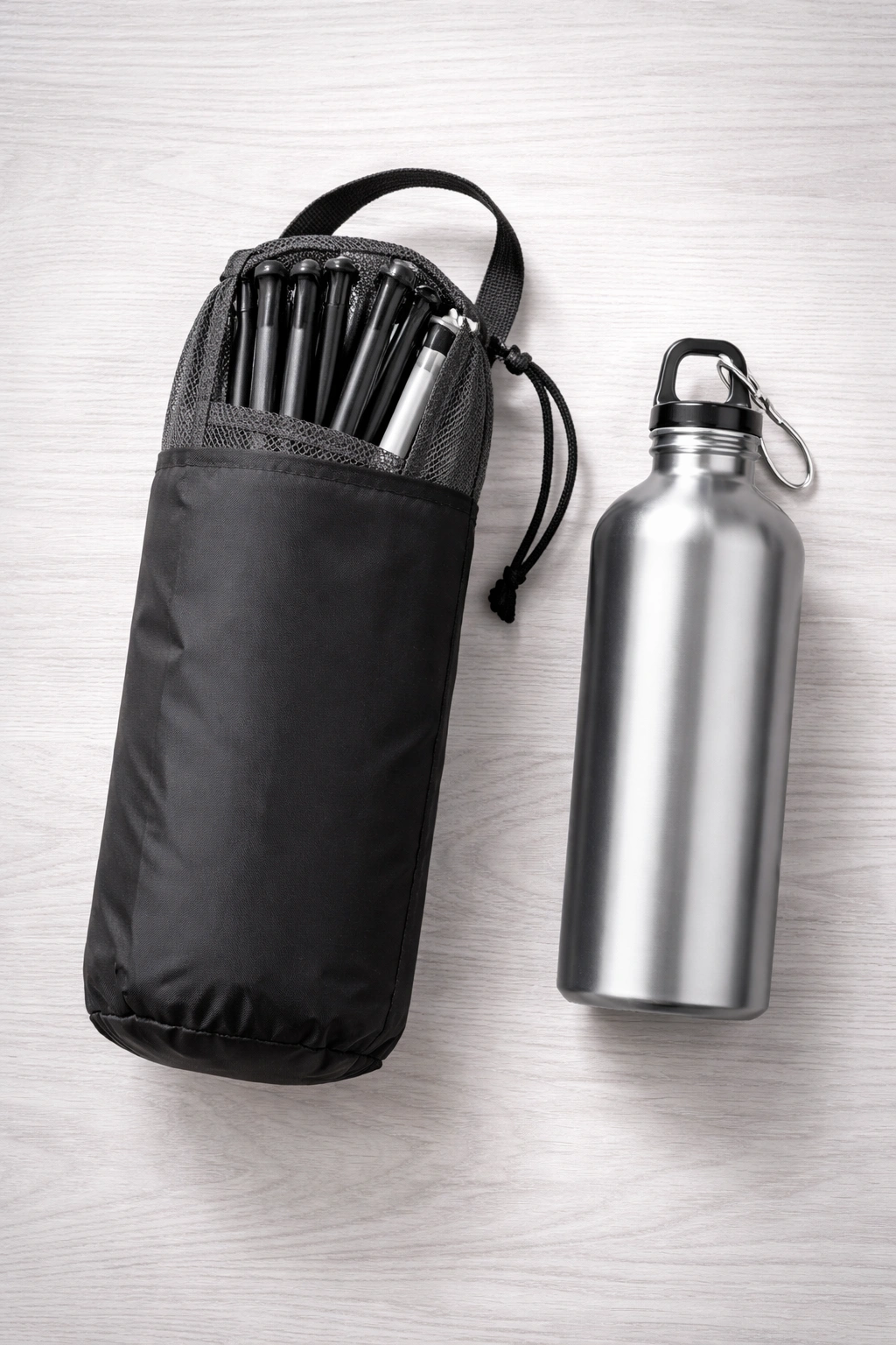 Ultralight backpacking chair packed next to water bottle