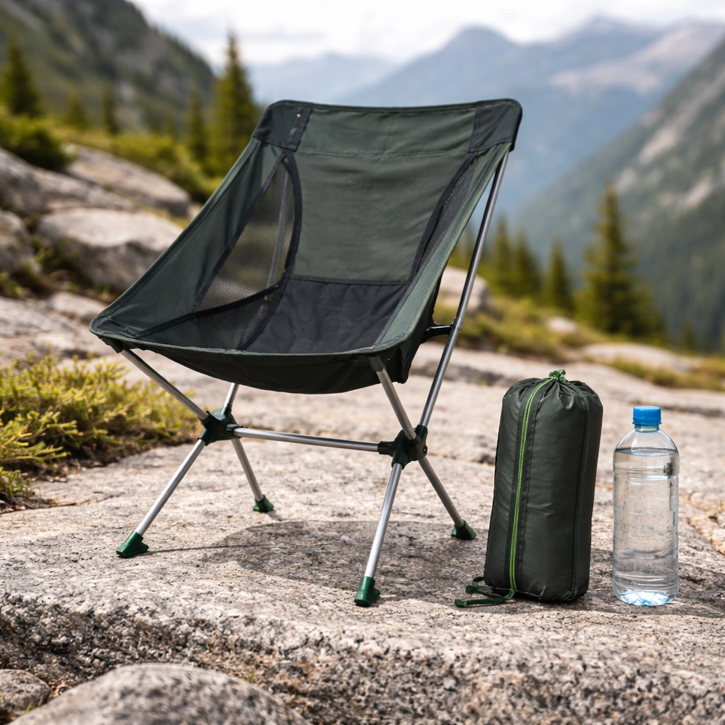 Ultralight camping chair set up on granite rock in alpine terrain with folded stuff sack and water bottle beside it for size scale