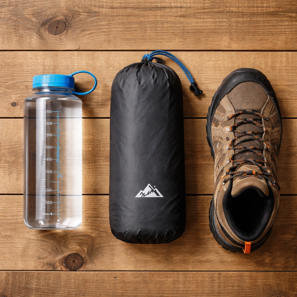 Ultralight backpacking chair packed next to water bottle for size reference