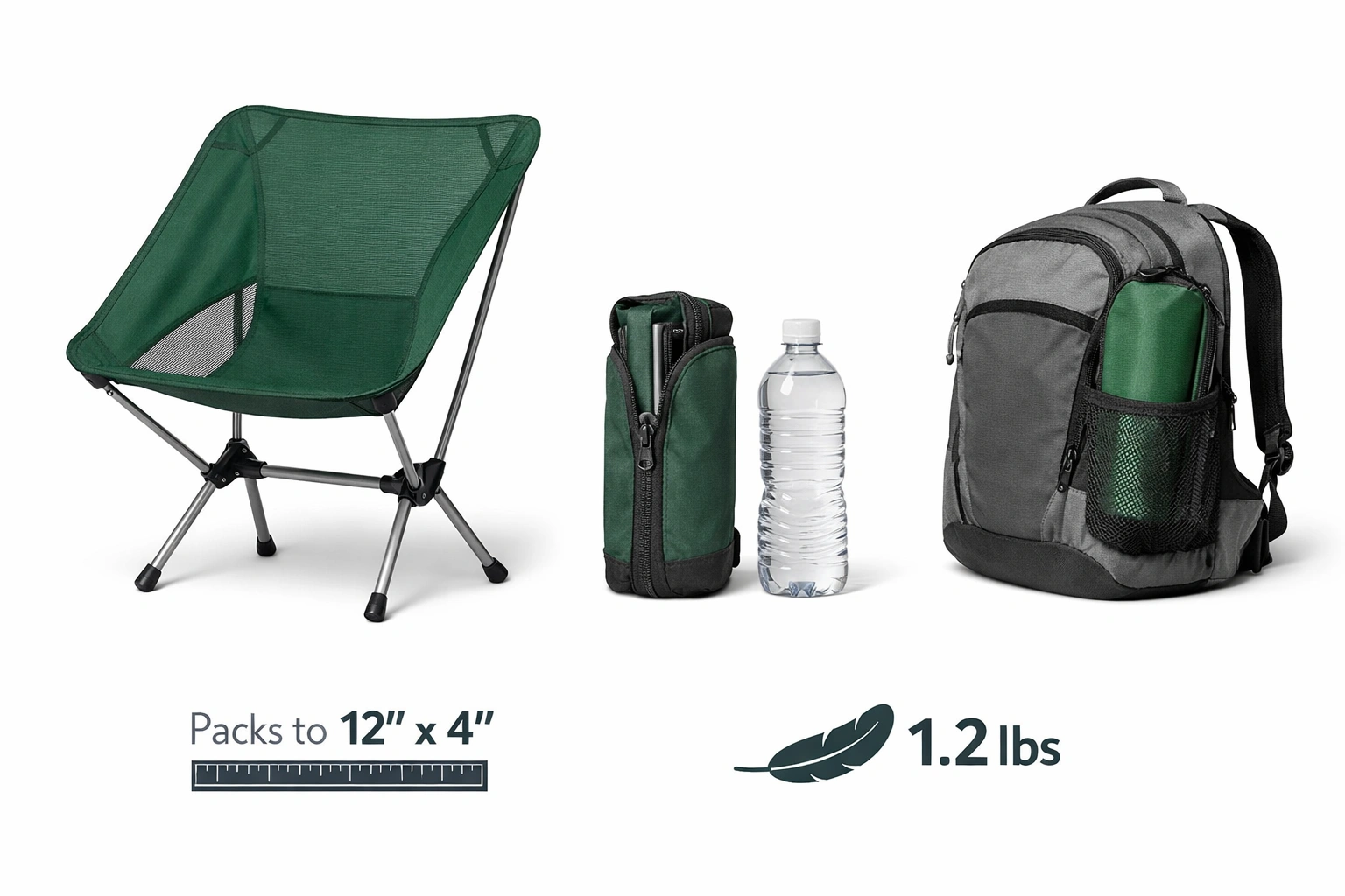 Ultralight backpacking chair packed next to water bottle showing compact size