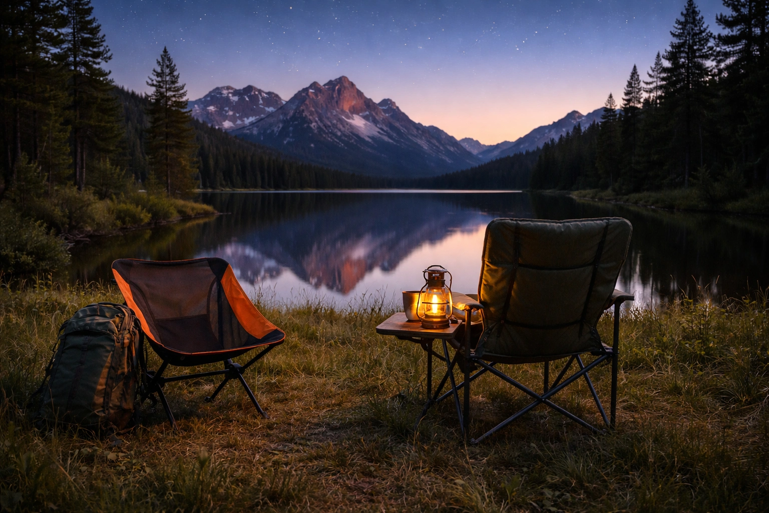 Two camping chairs side by side on meadow overlooking lake with mountain reflections at blue hour showing compact ultralight chair with backpack and plush comfort chair with lantern representing two approaches to outdoor life