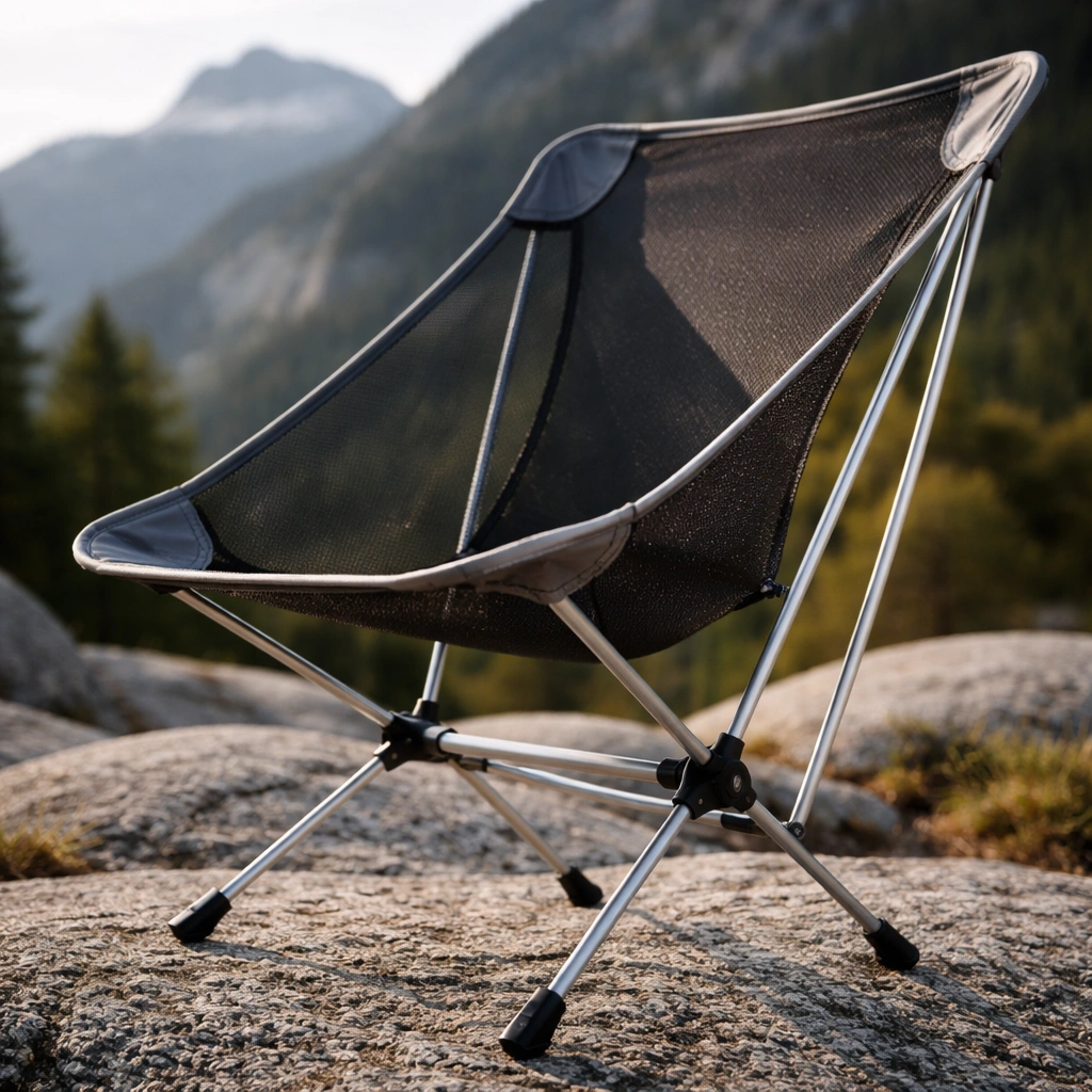 Close-up of minimalist ultralight camping chair with aluminum poles and mesh seat on rocky terrain