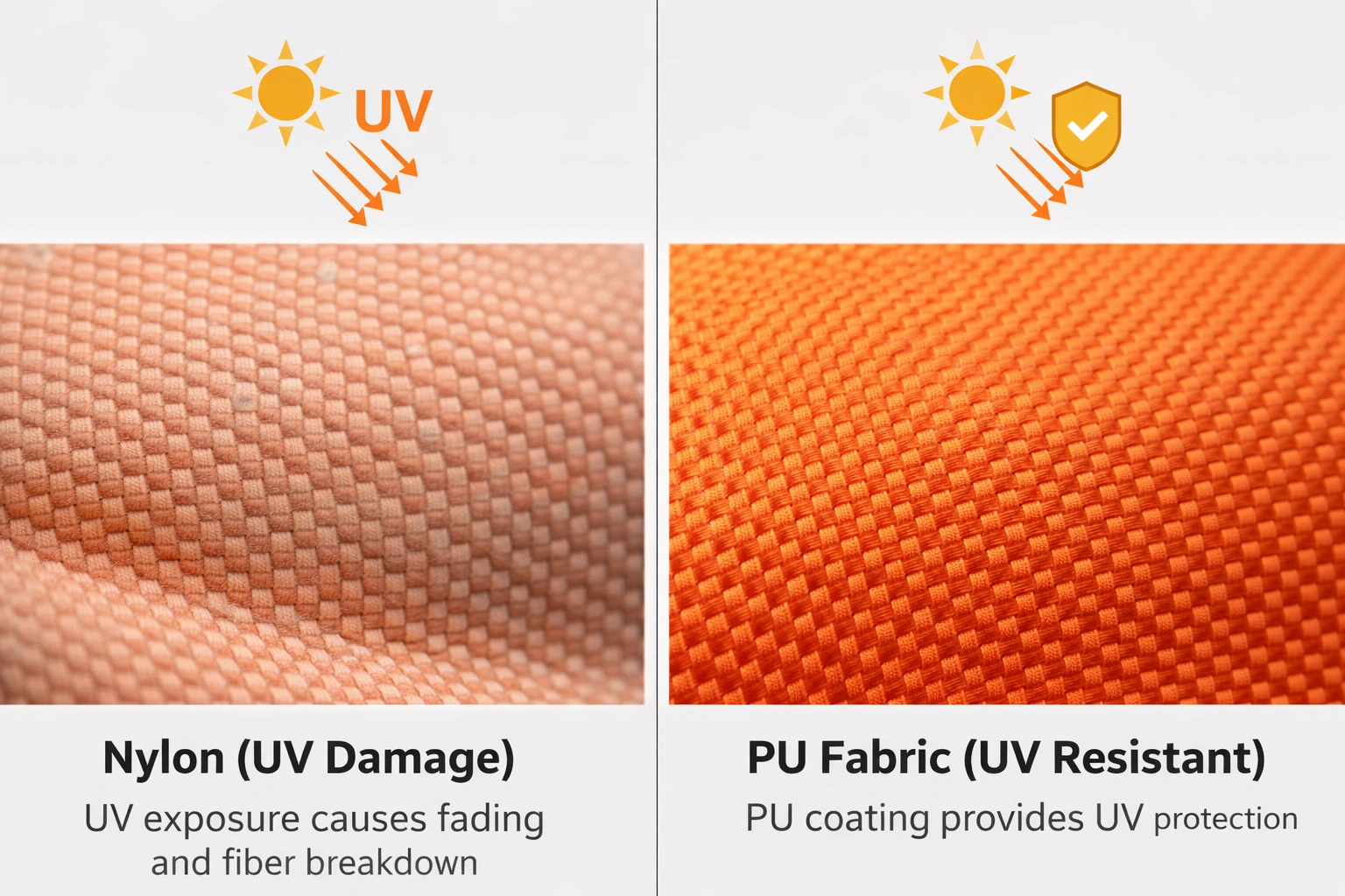 Comparison showing faded nylon fabric vs intact PU fabric after sun exposure