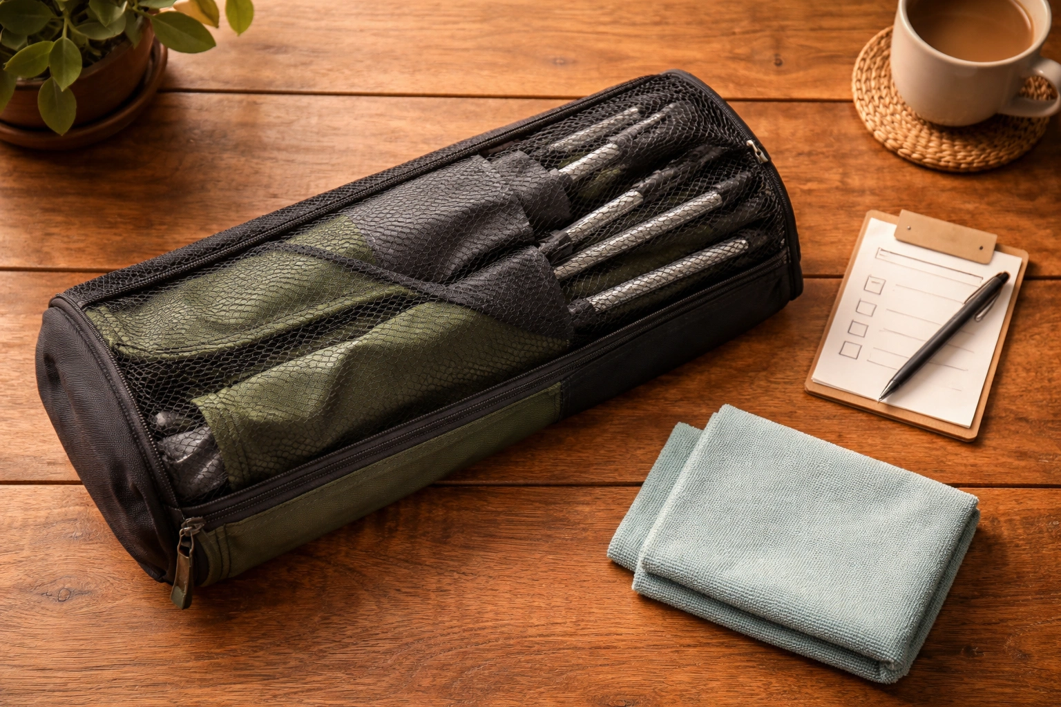 Folded camping chair stored neatly in a mesh carry bag with cleaning cloth nearby